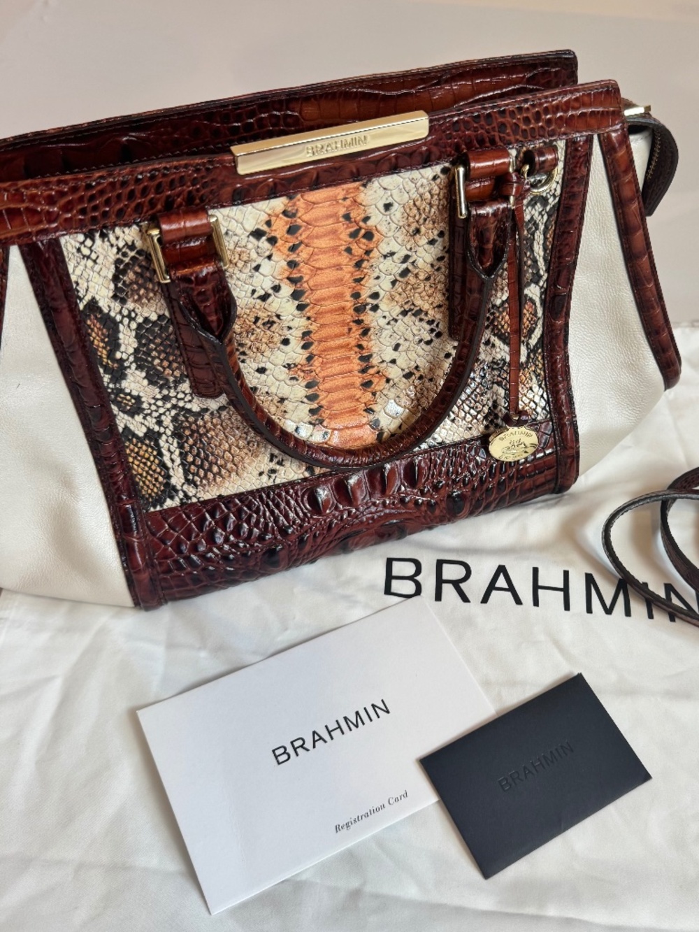 Brahmin Satchel Handbag Snakeskin Leather Trim Mini Asher Melbourne Hemlock